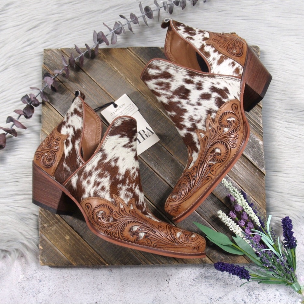 MYRA Western Boho Horse Jane Tooled Leather Hairon Calf-Hair Ankle Booties 10